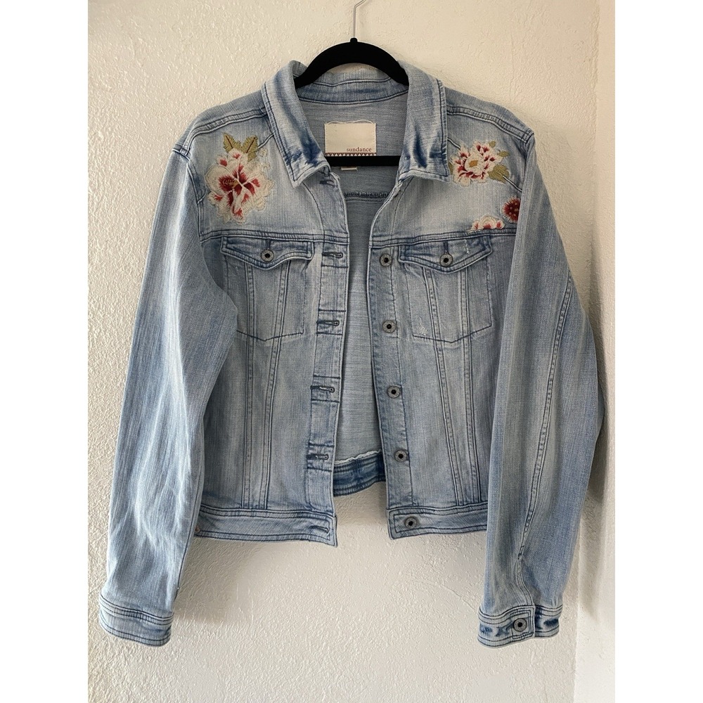 Sundance Blue Denim Floral Embroidered Jean Jacket Size XL